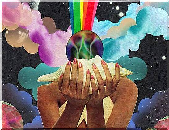 Rainbow from woman with conch in hands