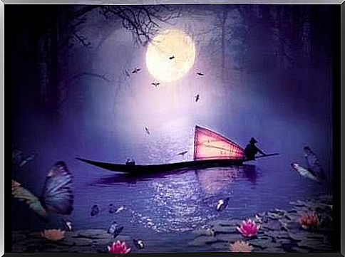 Boat sails on lake under moonlight