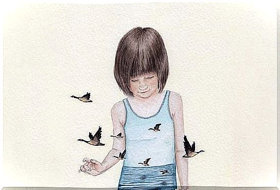 Child with birds around him