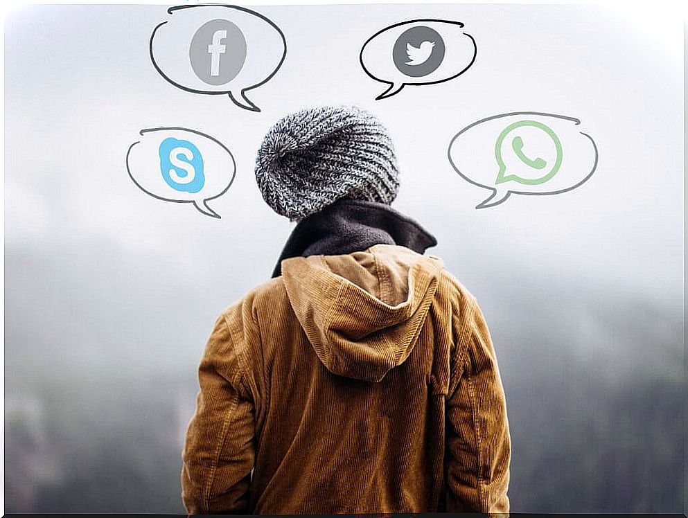 Person with speech bubbles around him with icons from social media due to addiction to technology