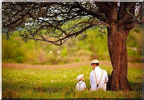 Father and son talking together under wood