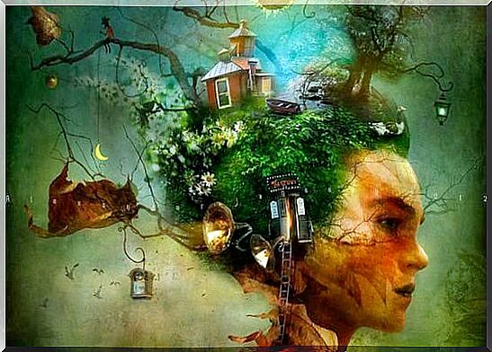 Woman with house and forest on her head symbolizes her dreams