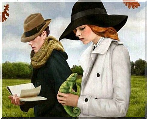 Man walks with book, woman walks with lizard