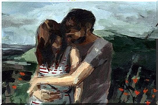 Painting of hugging couple