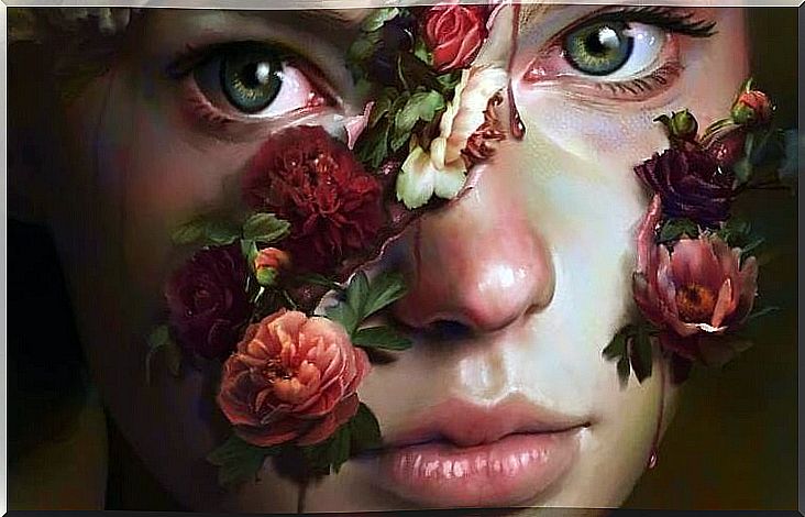 Woman with flowers and red eyes can not find love without suffering