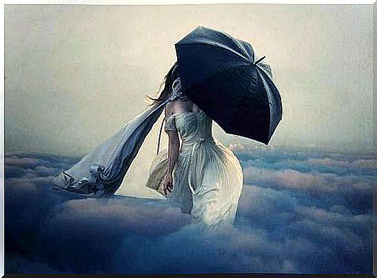 Woman with umbrella walking in clouds.  Shields from overexertion