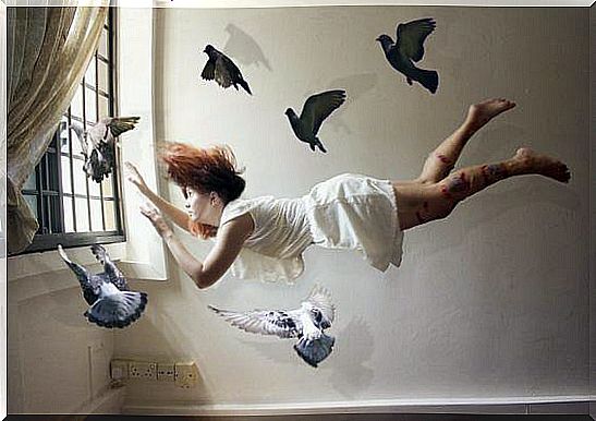 woman and birds flying