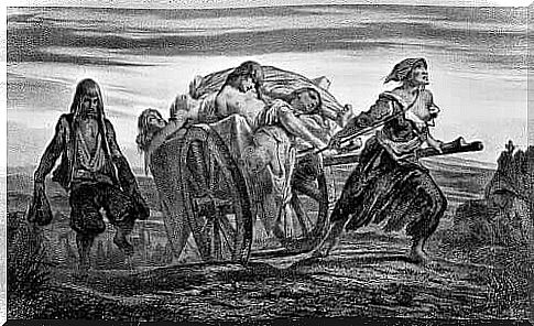 Victims of the Black Death are driven away