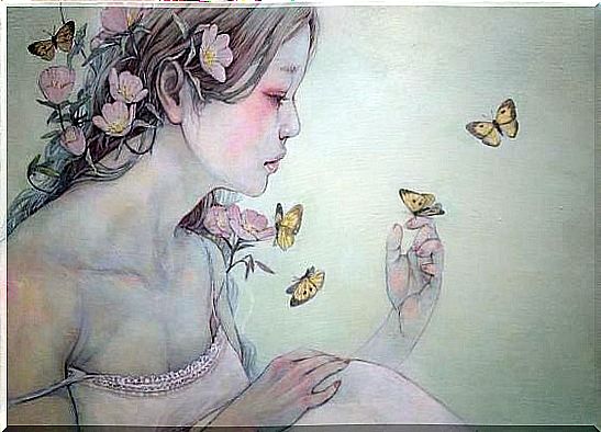 Sad woman with butterflies