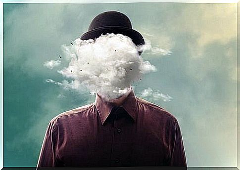 man with clouds for face