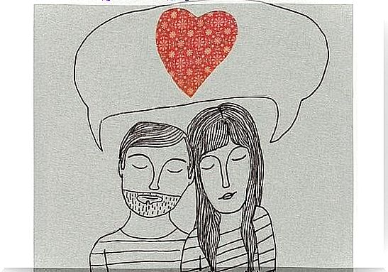 Couple with speech bubble with heat in manages to listen and talk about love